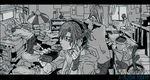  3boys bottle cactus cellphone couch drinking flower_pot greyscale ha.skr_(hasukara) indoors letterboxed long_hair looking_at_viewer lying messy_room monochrome multiple_boys original phone pillow room sitting standing table window 