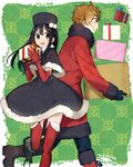  1girl black_hair blue_eyes box brown_eyes brown_hair elbow_gloves gift gloves hat kitashirakawa_tamako long_hair momose_(oqo) ooji_mochizou short_hair tamako_market thighhighs winter_clothes 