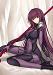  armor armored_boots bodysuit boots breasts covered_nipples fate/grand_order fate_(series) gae_bolg high_heels highres holding holding_weapon kauto long_hair looking_at_viewer medium_breasts parted_lips polearm purple_bodysuit purple_hair red_eyes scathach_(fate)_(all) scathach_(fate/grand_order) sitting smile solo spear weapon 