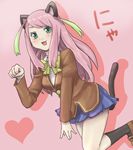  animal_ears cat_ears cat_tail commentary_request green_eyes hashimoto_nyaa multicolored_hair nitouhei osomatsu-san pink_hair solo streaked_hair tail 