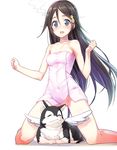  @_@ animal black_hair blue_eyes blush breasts collarbone convenient_censoring dog hair_ornament izumi_reina kneeling long_hair looking_at_viewer medium_breasts musaigen_no_phantom_world naked_towel open_mouth pink_towel simple_background steam tam-u tears towel white_background 