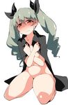  anchovy anzio_military_uniform blush bottomless brown_eyes cape covering covering_breasts girls_und_panzer grey_hair hair_ribbon long_hair looking_at_viewer military military_uniform naked_cape ribbon solo tears tera_zip twintails uniform 