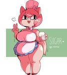  &lt;3 anthro apron beauty_mark bow breasts cat cup english_text fangs feline fur gats hair hat mammal open_mouth pink_fur pink_hair short_sack smile solo text v_sign 