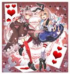  :d adapted_costume amatsukaze_(kantai_collection) anchor_hair_ornament bare_shoulders blonde_hair blue_eyes brown_dress brown_eyes card crown detached_sleeves dress elbow_gloves frilled_skirt frills gloves hair_ornament heart highres kantai_collection long_hair long_sleeves looking_at_viewer multiple_girls open_mouth playing_card puffy_short_sleeves puffy_sleeves red_legwear shimakaze_(kantai_collection) short_sleeves silver_hair skirt sleeves_past_wrists smile thighhighs two_side_up very_long_sleeves white_gloves white_legwear yakusuke 