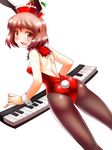  animal_ears ass back bare_shoulders brown_eyes brown_hair brown_legwear bunny_ears bunny_girl bunny_tail bunnysuit hat highres instrument keyboard_(instrument) leotard lyrica_prismriver mono_(moiky) open_mouth pantyhose red_leotard smile solo tail touhou wrist_cuffs 