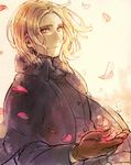  axis_powers_hetalia blonde_hair facial_hair france_(hetalia) gloves ha.skr_(hasukara) long_hair looking_at_viewer male_focus petals red_eyes smile solo 