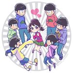  6+boys animal arms_behind_back cat circle dramatica esper_nyanko hands_in_pockets headband heart hood hoodie looking_at_another low_twintails matsuno_choromatsu matsuno_ichimatsu matsuno_juushimatsu matsuno_karamatsu matsuno_osomatsu matsuno_todomatsu messy_hair multiple_boys osomatsu-kun osomatsu-san pants pants_rolled_up pink_eyes plaid plaid_skirt round_image sandals sextuplets short_twintails skirt sleeves_rolled_up slippers turtleneck twintails twitter_username yowai_totoko 