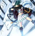  cape eyepatch highres kantai_collection kiso_(kantai_collection) rasen_(camura) skirt snow snowing solo sword weapon wolf 
