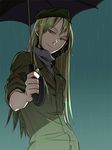  blonde_hair character_request dien_bien_phu_(manga) ha.skr_(hasukara) long_hair looking_at_viewer military military_uniform outstretched_arm smile solo umbrella uniform 
