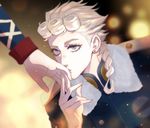  bad_id bad_pixiv_id blonde_hair blue_eyes blurry braid depth_of_field diletto33 earrings fur_trim giorno_giovanna guido_mista hand_kiss highres jacket jewelry jojo_no_kimyou_na_bouken kiss light_particles male_focus 