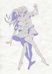  absurdres arm_around_waist bad_id bad_pixiv_id barefoot between_legs breast_press closed_eyes couple facing_another full_body greyscale highres holding_hands kiss ladic leg_between_thighs long_hair long_legs monochrome multiple_girls original outstretched_arm pleated_skirt school_uniform serafuku short_hair short_sleeves simple_background skirt thighs white_background wind wind_lift yuri 