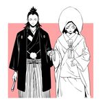  1girl closed_eyes couple fan heise_wanbaolu hetero holding_hands hood husband_and_wife japanese_clothes kimono long_hair monochrome nara_shikamaru naruto naruto_(series) ponytail temari uchikake wedding 