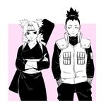  1girl black_hair fingerless_gloves fishnets forehead_protector gloves heise_wanbaolu japanese_clothes long_hair monochrome nara_shikamaru naruto naruto_(series) naruto_shippuuden ponytail quad_tails temari 