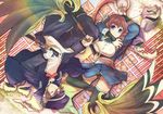  1girl bare_shoulders blue_eyes breasts brother_and_sister brown_hair closed_eyes hat head_wings japanese_clothes large_breasts looking_at_viewer nosuri obi ougi red_hair sabama_yuuta sash siblings sleeveless sleeveless_turtleneck smile turtleneck utawareru_mono utawareru_mono:_itsuwari_no_kamen weapon 