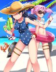  ass_visible_through_thighs bandaid bandaid_on_face beach bikini blue_eyes breasts bunny cerasus cleavage clenched_teeth collarbone crab from_side hair_bobbles hair_ornament hand_on_hip hat hat_over_one_eye impossible_clothes impossible_swimsuit kantai_collection looking_at_viewer multiple_girls navel one-piece_swimsuit pink_eyes pink_hair polka_dot polka_dot_swimsuit pose pouty_lips sazanami_(kantai_collection) scrunchie short_hair short_twintails small_breasts stomach straw_hat sun_hat swimsuit teeth twintails ushio_(kantai_collection) water_gun wrist_scrunchie yellow_eyes 