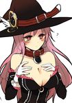 ? alternate_breast_size bad_id bad_pixiv_id bare_shoulders blush breasts cleavage collar commentary_request detached_sleeves gloves hat large_breasts long_hair million_arthur_(series) nimue_(kaku-san-sei_million_arthur) pink_hair red_eyes silltare solo witch_hat 