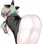  anchovy ass bent_over blush brown_eyes girls_und_panzer grey_hair hair_ribbon long_hair looking_at_viewer looking_back pantyhose ribbon school_uniform shirt solo tears tera_zip twintails 