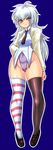  borrowed_character commentary_request covered_navel grey_eyes highleg highleg_leotard highres leotard long_hair looking_at_viewer messy_hair mismatched_legwear nanashi_mushi original shirt smile solo striped thick_thighs thighhighs thighs white_hair 