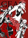  2boys alisa_ilinichina_amiella bare_shoulders black_gloves boots breasts elbow_gloves fingerless_gloves fujiki_kouta gloves god_eater hat hinahino holding holding_weapon huge_weapon long_hair looking_at_viewer md5_mismatch medium_breasts monochrome multiple_boys pantyhose red_eyes short_hair simple_background skirt smile soma_schicksal suspender_skirt suspenders sword thigh_boots thighhighs underboob weapon white_hair 