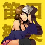  amyenah artist_name breasts brown_hair cleavage fueguchi_hinami glowing glowing_eyes heterochromia highres mask mask_removed medium_breasts miniskirt off-shoulder_sweater pleated_skirt red_eyes shadow skirt solo sweater tank_top thighhighs tokyo_ghoul tokyo_ghoul:re 