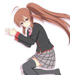  black_legwear brown_eyes brown_hair e_aru little_busters! long_hair looking_at_viewer lying natsume_rin on_back pleated_skirt ponytail simple_background skirt solo thighhighs white_background zettai_ryouiki 