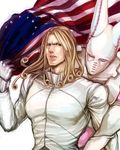  american_flag blonde_hair blue_eyes dirty_deeds_done_dirt_cheap funny_valentine gloves highres holding jojo_no_kimyou_na_bouken long_hair looking_at_viewer male_focus pink_eyes r02roni stand_(jojo) steel_ball_run upper_body white_gloves 