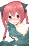  animal_ears aoi_(annbi) blush braid breasts cat_ears collarbone dress green_dress hair_ribbon highres kaenbyou_rin looking_at_viewer no_bra red_eyes red_hair ribbon small_breasts solo tears torn_clothes torn_dress touhou twin_braids underboob 