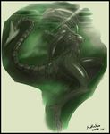  2016 alien alien_(franchise) anthro anthrofied black_nipples breast_fondling breasts claws english_text eyeless female fondling green_tongue hand_on_breast licking long_tongue lying nipples nude on_side quadra side_boob side_view signature solo text toe_claws tongue tongue_out xenomorph 