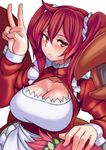  alternate_costume blush breasts cleavage crab_girl_(mon-musu_quest!) dress enmaided hair_ornament hand_on_another's_head huge_breasts kupala maid mon-musu_quest! red_eyes red_hair solo_focus twintails v 