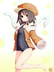  bakemonogatari brown_eyes brown_hair cabbie_hat hat highres jacket long_legs monogatari_(series) one-piece_swimsuit school_swimsuit sengoku_nadeko short_hair snake solo swimsuit tetsu_naginobu 