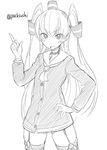  amatsukaze_(kantai_collection) bad_source blush collar greyscale hand_on_hip kantai_collection ken_(koala) long_hair looking_at_viewer monochrome open_mouth pointing simple_background solo thighhighs two_side_up white_background zettai_ryouiki 