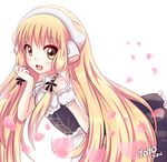  artist_name blonde_hair blurry brown_eyes chii chobits collar depth_of_field dress from_side hair_ribbon hair_tubes long_hair open_mouth petals ribbon robot_ears smile solo strapless strapless_dress twintails very_long_hair yoyochaan 