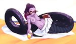  1girl apophis_(monster_girl_encyclopedia) bare_shoulders beach black_sclera blanket book breasts glasses lamia long_hair looking_at_viewer lotion_bottle monster_girl monster_girl_encyclopedia navel nipples outstretched_arm pointy_ears ponytail purple_hair purple_skin red-framed_glasses semi-rimless_glasses skirt smile sub-res topless white_skirt yellow_eyes 