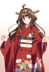  ahoge blue_eyes blush brown_hair commentary_request double_bun floral_print hairband headgear itacha_(artist) japanese_clothes kantai_collection kimono kongou_(kantai_collection) long_hair long_sleeves looking_at_viewer obi sash smile solo wide_sleeves 