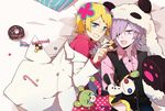  animal_ears bad_id bad_pixiv_id blonde_hair blue_eyes candy candy_cane character_request checkerboard_cookie cookie doughnut food grin highres inga irabu_ichirou kuuchuu_buranko lavender_eyes lavender_hair lying on_back on_side open_mouth panda_ears paws smile stuffed_animal stuffed_toy un-go vest wang_xinquan 