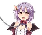  :3 :d bare_shoulders blush brown_eyes chain cleavage_cutout collar detached_sleeves fake_wings hair_ornament hairclip heart highres idolmaster idolmaster_cinderella_girls kobayashi_tetsuya koshimizu_sachiko looking_at_viewer mini_wings open_mouth purple_hair short_hair sleeveless smile solo upper_body wings 