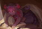  apophis_(monster_girl_encyclopedia) ass bed black_sclera crown godsh0t highres hug lamia looking_at_viewer lying monster_girl monster_girl_encyclopedia on_stomach pillow pillow_hug pointy_ears purple_hair scales shadow slit_pupils smile snake_tail solo tail under_covers yellow_eyes 