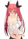  absurdres blush breasts date_a_live hair_ribbon heihei_de_hei_yan_long highres itsuka_kotori long_hair open_clothes panties red_eyes red_hair ribbon simple_background skirt skirt_pull small_breasts smile solo twintails underwear white_background 