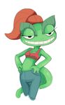  bra breasts chameleon cleavage clothed clothing dreamworks eyelashes female hair lizard lizzie orange_hair ponytail reptile scalie simple_background smile solo standing teeth underwear unknown_artist white_background 