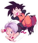  black_footwear black_hair blue_eyes boots dougi dragon_ball dragon_ball_z lavender_hair male_focus motion_blur mouth_pull multiple_boys son_goten tongue tongue_out trunks_(dragon_ball) watermark web_address wristband yoyochaan 