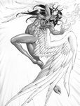  2014 baphomet black_and_white black_hair breasts claws curtsibling digital_media_(artwork) female fire god_vs_god hair hooves horn humanoid long_hair lvl9drow monochrome navel nipples nude simple_background solo star white_background wings 