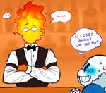  ... blush bone clothed clothing dialogue english_text eyewear fire glasses grin hoodie male sans_(undertale) simple_background skeleton smile teeth tesazombie text undead undertale video_games 