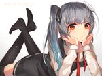  :&lt; black_legwear brown_eyes character_name closed_mouth hands_on_own_cheeks hands_on_own_face kantai_collection kasumi_(kantai_collection) legs_up long_hair lying on_stomach remodel_(kantai_collection) school_uniform side_ponytail silver_hair solo thighhighs v-shaped_eyebrows yakusuke 