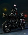  antennae artist_name belt boots bridgestone commentary_request dark_background dias-tajima gloves glowing glowing_eyes ground_vehicle highres kamen_rider kamen_rider_1 lights long_sleeves looking_at_viewer looking_back male_focus motor_vehicle motorcycle scarf sitting solo 