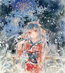  japanese_clothes kimono long_hair looking_at_viewer original rei_(456789io) solo star traditional_media tree watercolor_(medium) 