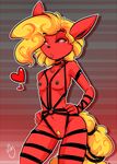  &lt;3 2016 abstract_background anthro black_nipples black_pussy black_sclera blonde_hair bondage_gear breasts cinnamon_swirl duckdraw eeveelution female flareon fur glowing glowing_eyes hair hands_on_hips harness leather looking_at_viewer mostly_nude nintendo nipples pok&eacute;mon pose pubes pussy red_eyes red_fur small_breasts solo tailband thick_bottom_lip video_games 