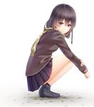  ankle_boots bangs black_hair black_skirt boots braid brown_eyes commentary_request from_side full_body hair_between_eyes long_hair long_sleeves looking_away looking_back original pavement pleated_skirt scarf school_uniform single_braid skirt solo squatting yamaishi_nohi 