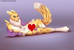  &lt;3 2016 abs anthro black_nose black_sclera blue_eyes bridal_gauntlets canine censored chest_tuft digimon doomthewolf english_text facial_markings fox fur hi_res looking_at_viewer male mammal markings mostly_nude pose renamon solo text tuft white_fur yellow_fur 