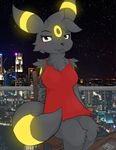  anthro anthrofied blush breasts city dunewulff eeveelution looking_at_viewer night nintendo pok&eacute;mon skyline solo tagme tattoo umbreon video_games 