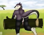  2012 anthro anus breasts butt digitigrade female grass ja&#039;rah log looking_at_viewer looking_back mammal nude prehensile_clitoral_hood presenting presenting_hindquarters purple_eyes pussy rear_view sergal smile solo tattoo tigergear tree wood 